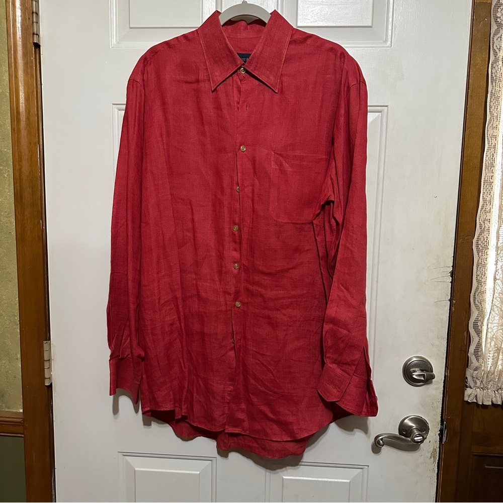 SCOTT BARBER  100%‎ LINEN Casual Button Shirt LARGE L Red Long Sleeve